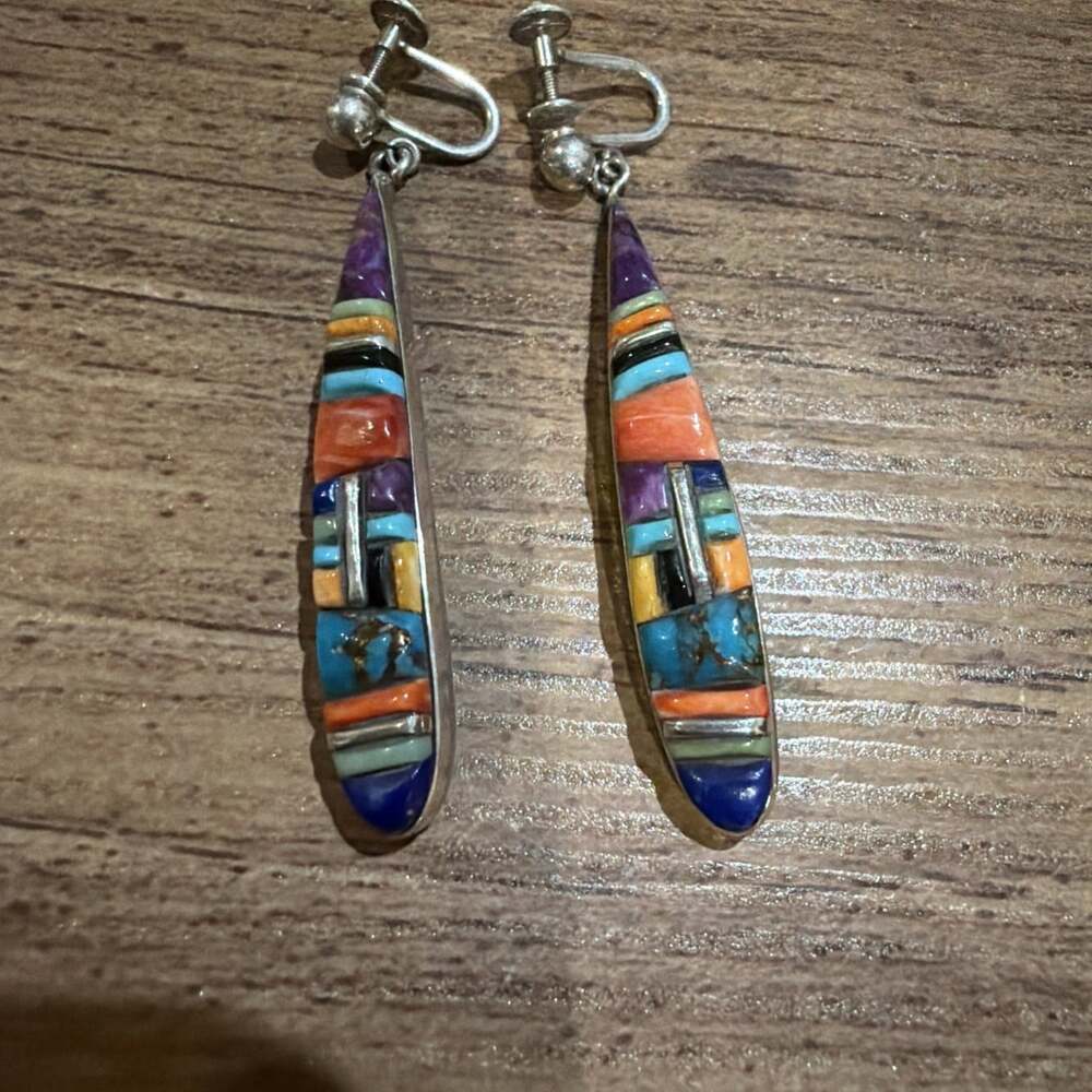 Turquoise Lapis Multicolor Southwestern Sterling Silver Cornrow Earrings Signed